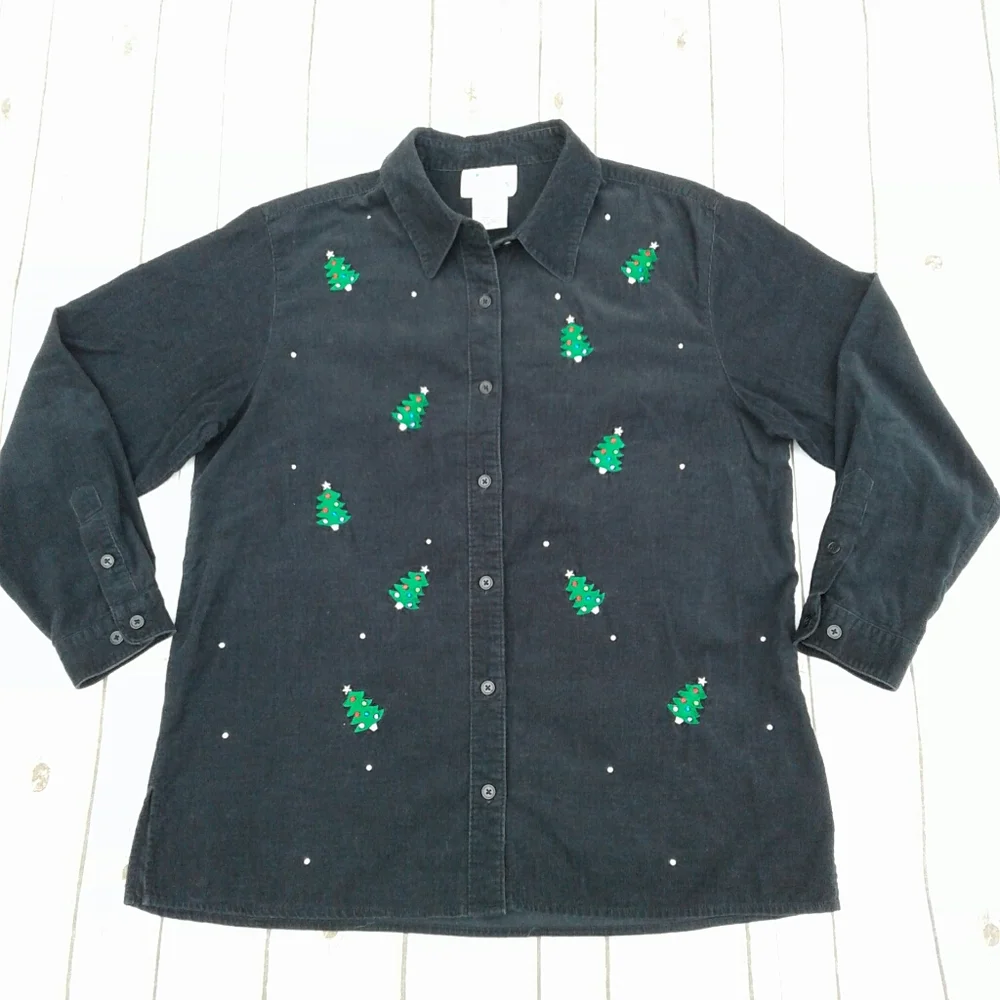 Corduroy button up shirt Christmas trees + sequins - Picture 2 of 8